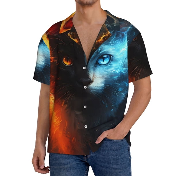 Balery Red And Blue Fire Cat Camisa Casual de Manga Corta con Botones para Hombre, Texturizada, Estilo Cubano, para Playa, Verano-XX-Large