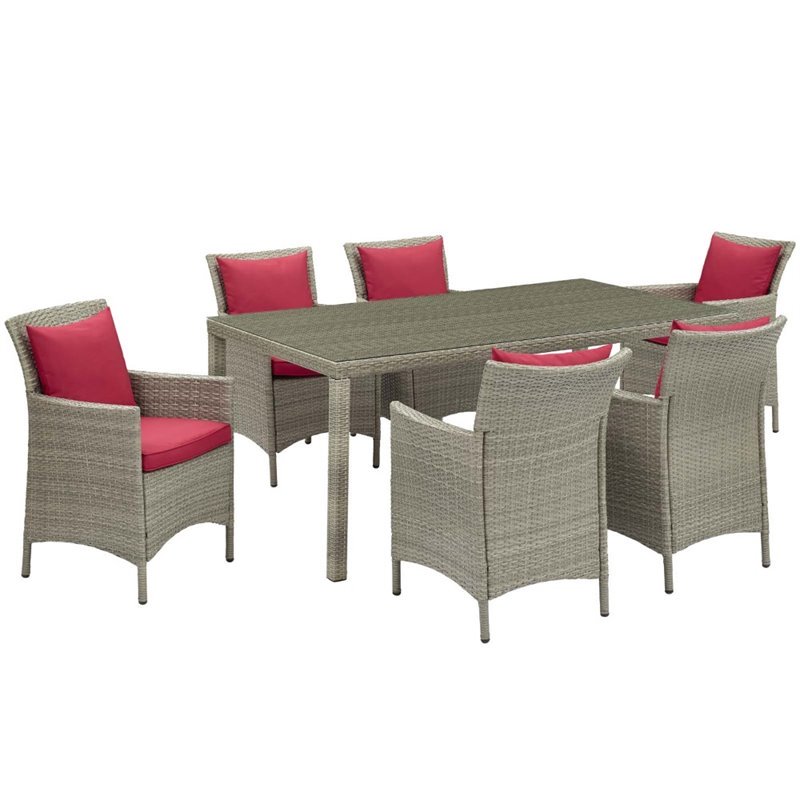 Modway Conduit 7-Piece Modern Rattan Outdoor Dining Set in Light Gray/Red - image 2 of 7