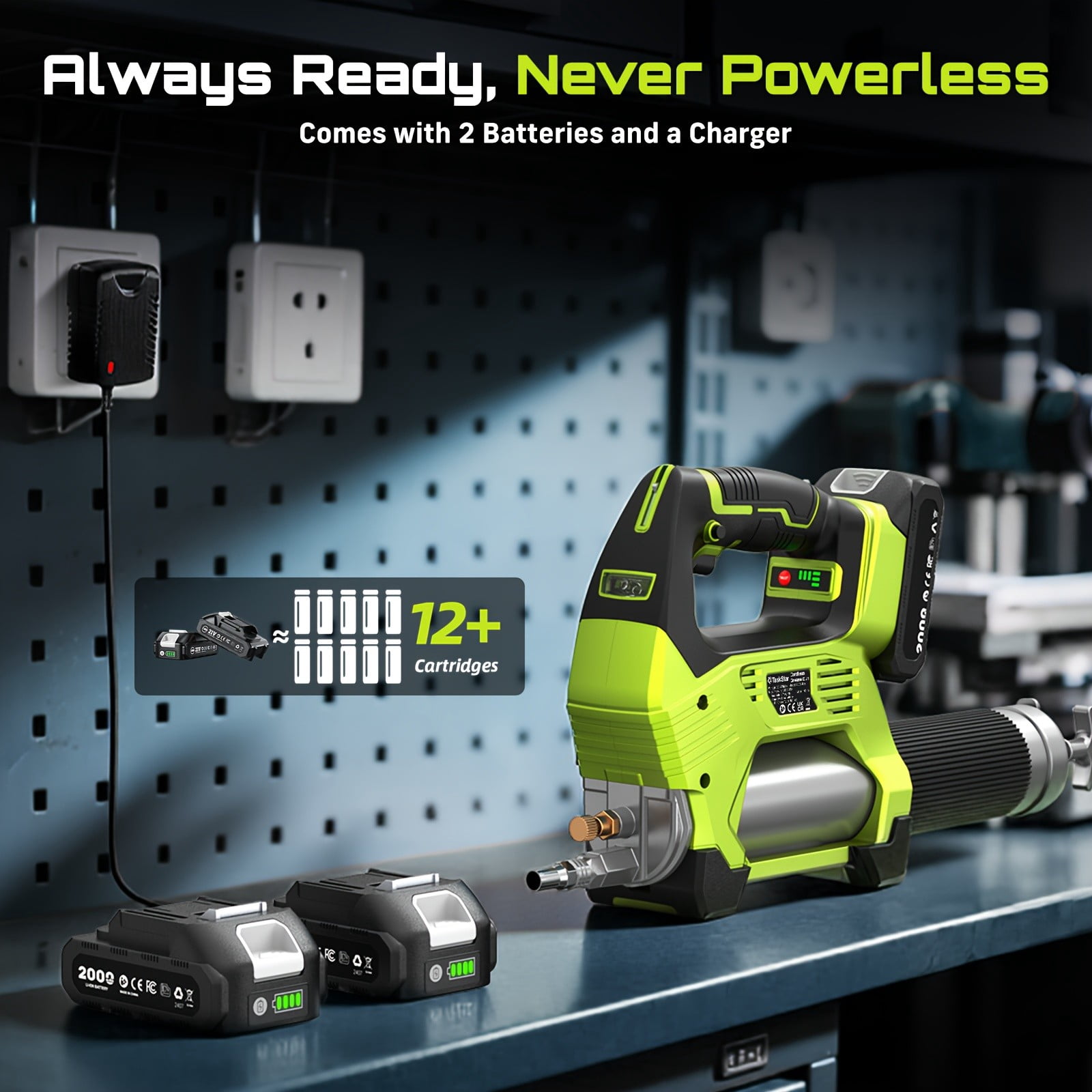 TaskStar 12000PSI Cordless Grease Gun, Brushless 3-Speed, 6.7oz/min, 2x2.0Ah Batteries Powered