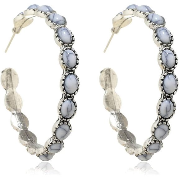 Bohemian Silver-Tone Faux Turquoise Hoop Natural Colorful Stone Drop Dangle Western Cowgirl Retro Statement Earrings Vintage Ethnic Jewelry for Women