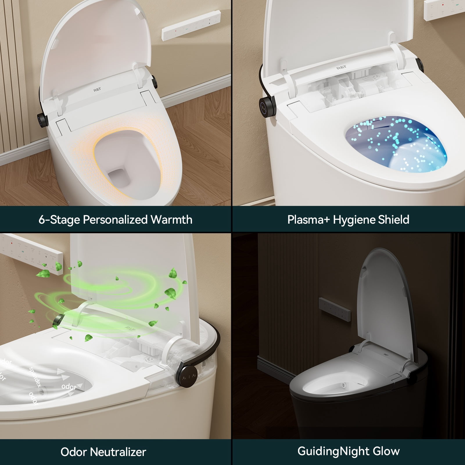 R&T FA59-T Smart Toilet – Auto Open & Flush, Heated Seat, Warm Water Bidet, Air Dryer, Dual Flush (1.1/1.6 GPF), Deodorizer, Night Light, Power Outage Flush, 2-User Presets
