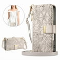 thumbnail image 3 of Floral Embossed Zipper Wallet Case for iPhone 15, Soft TPU and PU Leather with Shoulder Strap & Wrist Strap & Card Slots & Kickstand & Magnetic Clasp, Shockproof Rugged Case Cover, Beige, 3 of 13