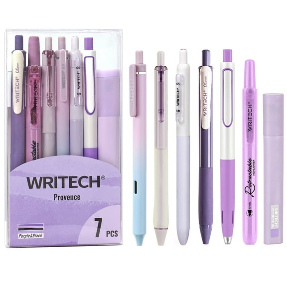 WRITECH Gel Pens Journaling Highlighters: Journal Set Aesthetic Assorted Pastel Color Ink 0.5mm Fine Point Retractable 0.7mm Black Pen Smooth Writing Drawing No Bleed 7ct (Purple)