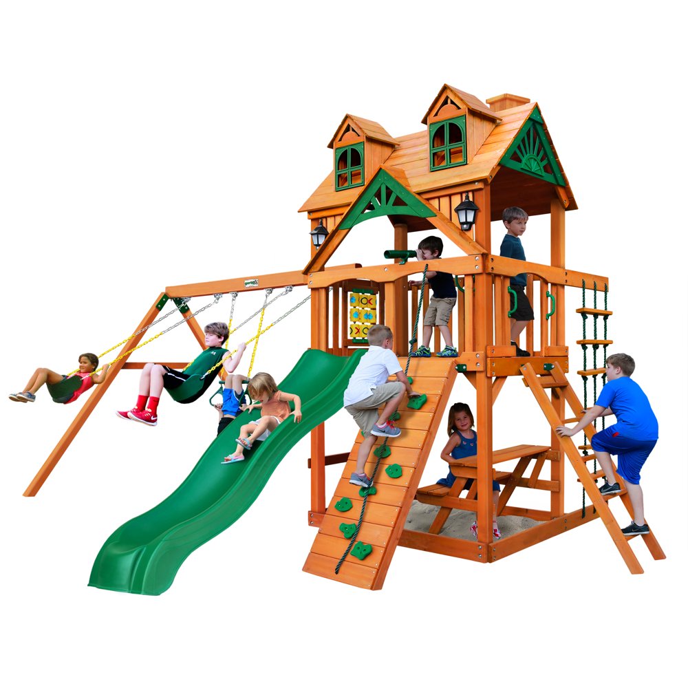 Gorilla Playsets Chateau Wooden Swing Set with Malibu Wood Roof, 2