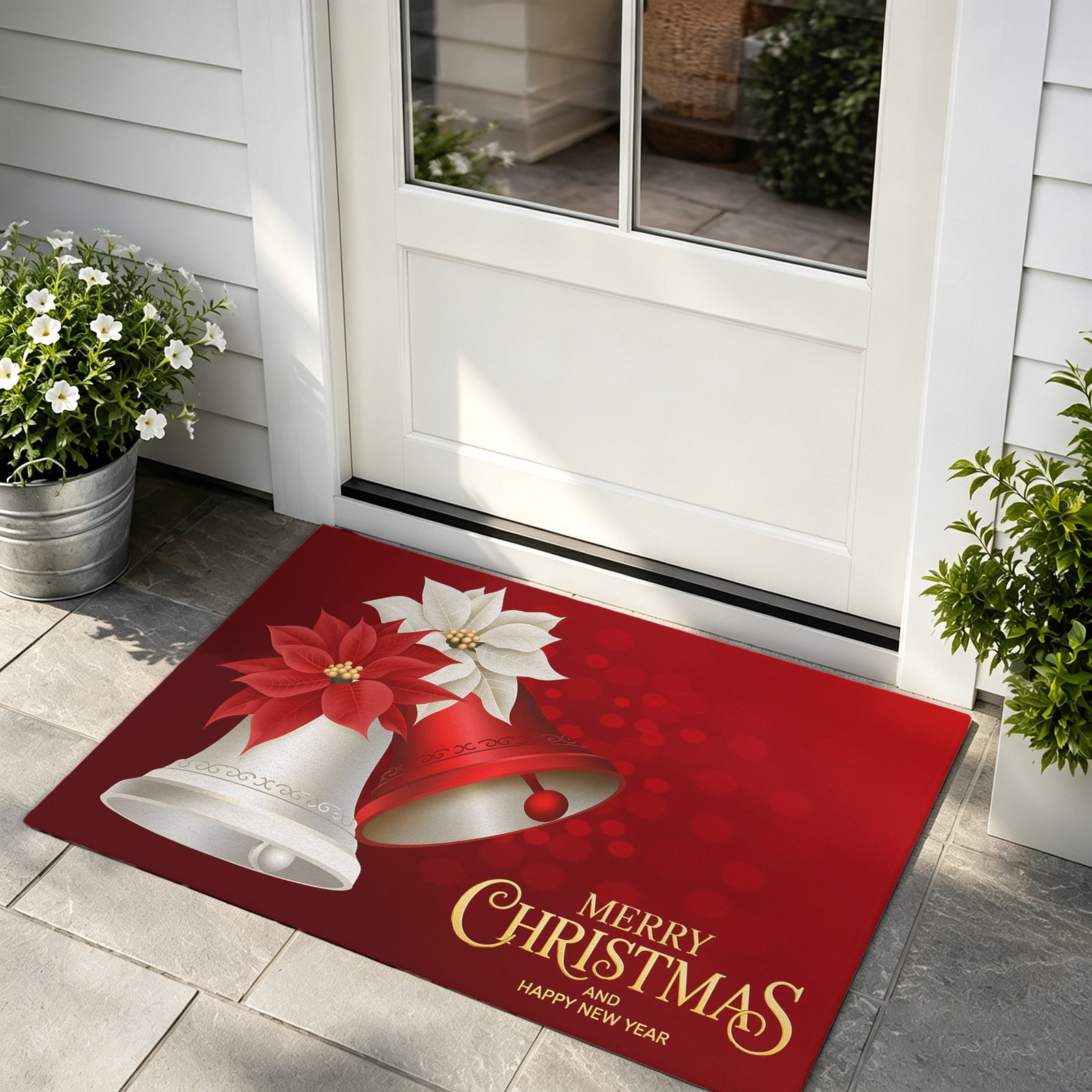 Front Door Mat Indoor Outdoor Entrance Merry Christmas Low Profile Doormats Non-Slip Backing Xmas Bells Poinsettia Winter Holiday Absorbent Welcome Mat for Entryway Hallway 16 x24