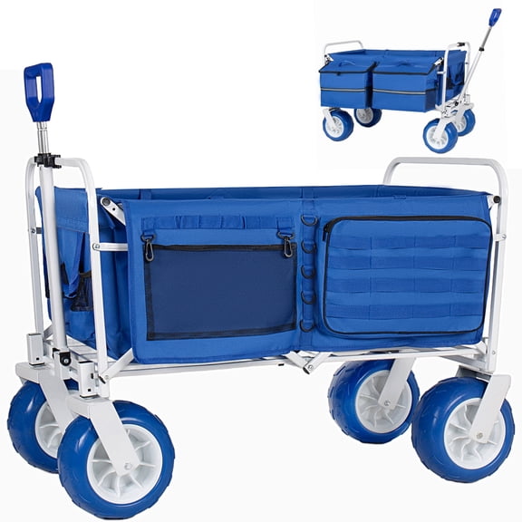 GDF Studio Beach Wagon Cart, Heavy Duty Collapsible Wagon with 9" All-Terrain Wheels, Cooler & Storage Bags, Blue