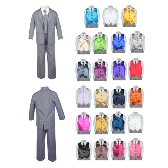 7pc Baby Toddler Boy Formal Party Medium Gray Suit w/ Satin Vest & Necktie Sm-20