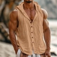 thumbnail image 2 of Men's Sleeveless Hooded Cotton Linen Shirt, Button Down Casual Beach Vest, Lightweight Breathable Summer Vacation Top Orange, 2 of 9