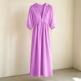 thumbnail image 6 of HADST Women's Collared V-Neck Puffed-Sleeve Maxi Dress, 3/4 Sleeves High-Waisted Pleated A-Line, 6 of 7
