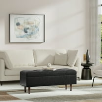 Simpli Home Shay 48 inch Wide Mid Century Modern Rectangle Mid Century Rectangular Storage Ottoman in Distressed Black Vegan Faux Leather