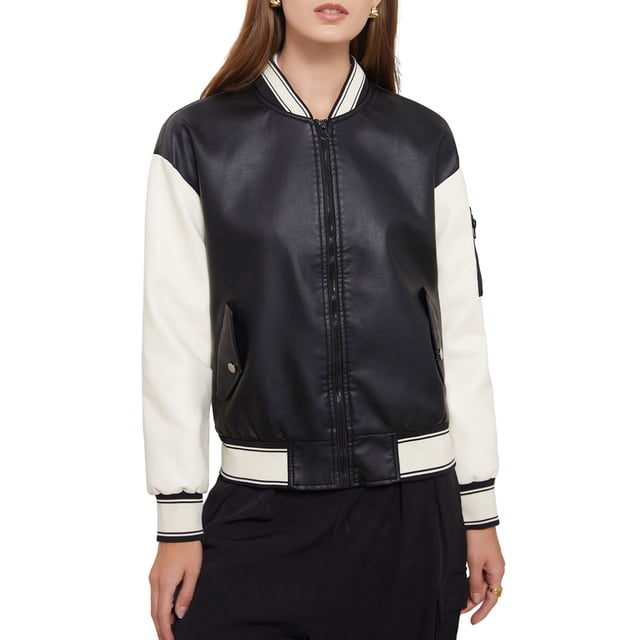 xiaxaixu Women Baseball Jacket, Long Sleeve Baseball Collar Zipper Closure Patchwork Varsity Jacket Fall Clothes with Pockets