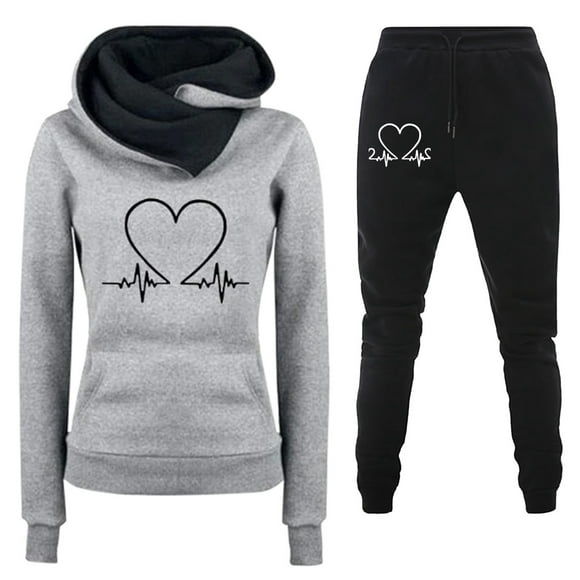 FADAACAI Matching Sweatsuits Women's Two Piece Pullover Hooded Top Set Heartbeat Frequency Printed Women's Hoodie Set Womens Sweatsuits Sets Lounge Sets for Women Gray 3XL Clearance!