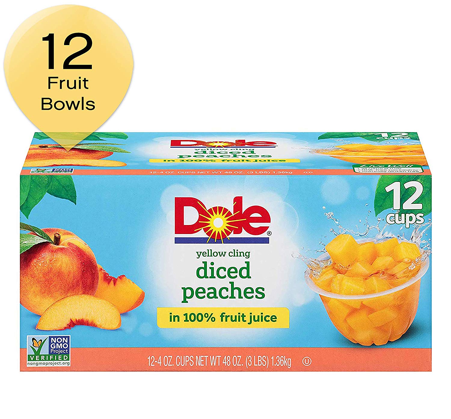 DOLE FRUIT BOWLS, Yellow Cling Diced Peaches in 100 Fruit Juice, 4 Ounce, 12 Count (Pack of 1