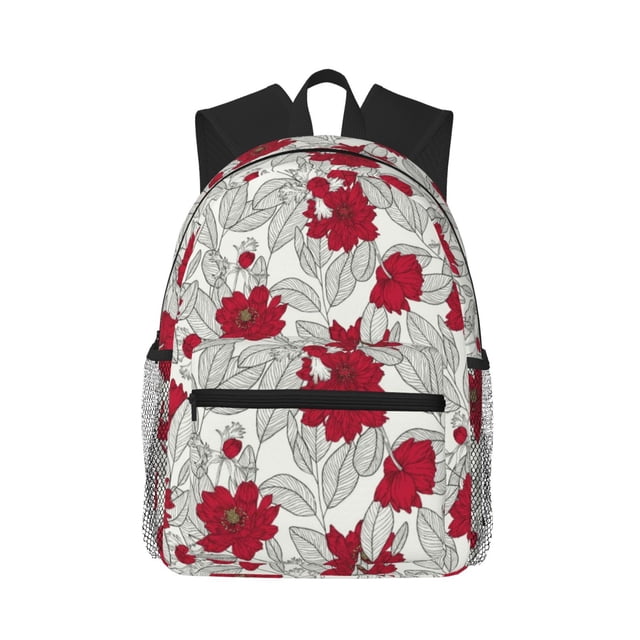 Disketp Leaves And Anemone Flowers In Red Grey Mochila Ligera Clásica con Múltiples Bolsillos, Mochila Casual para Hombre y Mujer, Ideal para Escuela, Trabajo y Viajes