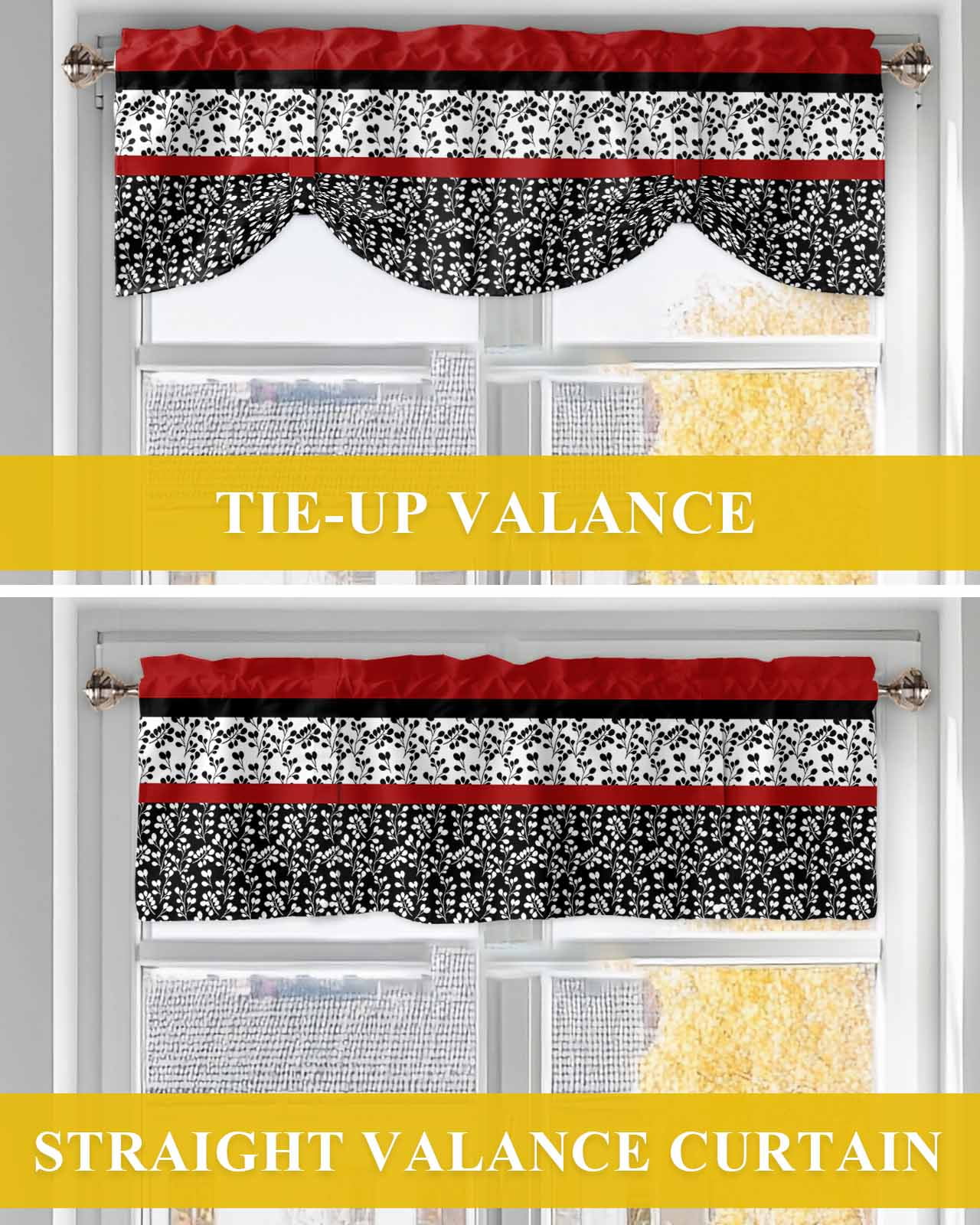 Abstract Red Tie Up Valances Curtain, Adjustable Kitchen Black Stripes Floral Plant Modern Vintage Valances for Windows Decor, Rod Pocket Short Curtains Set for Bedroom/Bathroom, 54"x18"