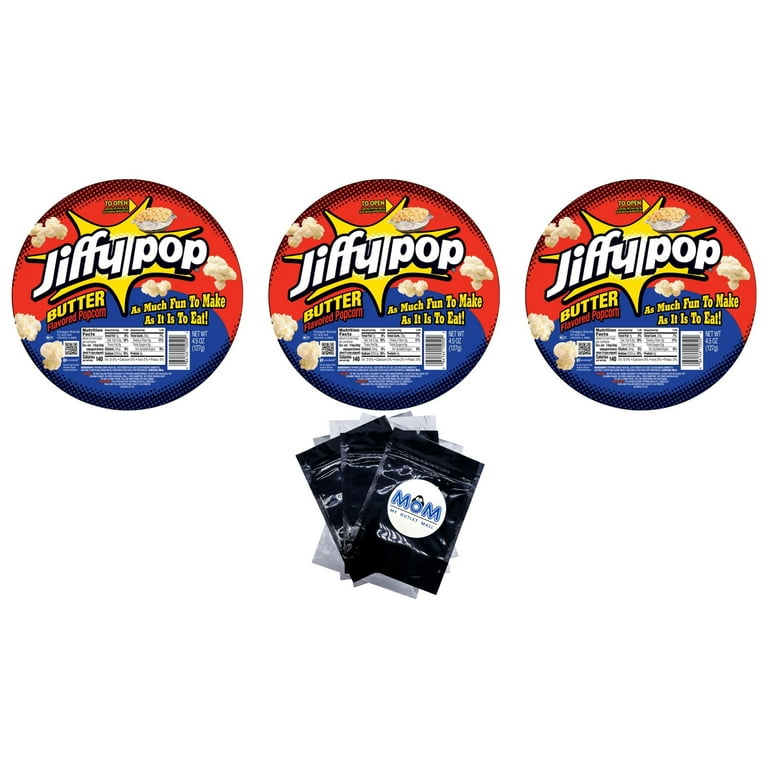 JIFFY POP Butter Flavored Popcorn, Stovetop Popping Pan- Jiffy Pop - 3 pack  - 4.5 oz. per pack - plus 3 My Outlet Mall Resealable Storage Pouches