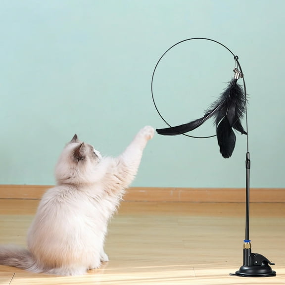 Elainilye Cat Toy Wand, Feather Teaser with Bells,Interactive Play Stick for Kittens Cats Replaceable Pet Exercise Toy​​, Suction Cup Mount, Black