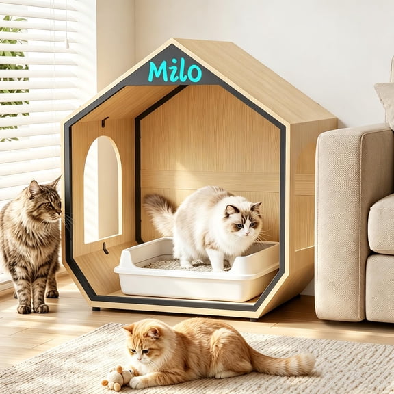 EasyCom Cat Litter Box Enclosure with Custom Name Tag, Breathable Cat Bed | Easy-Clean Indoor Cat Furniture with Airflow Design, Hidden Wooden Litter Box Cabinet for Living Room, Bedroom, Entryway