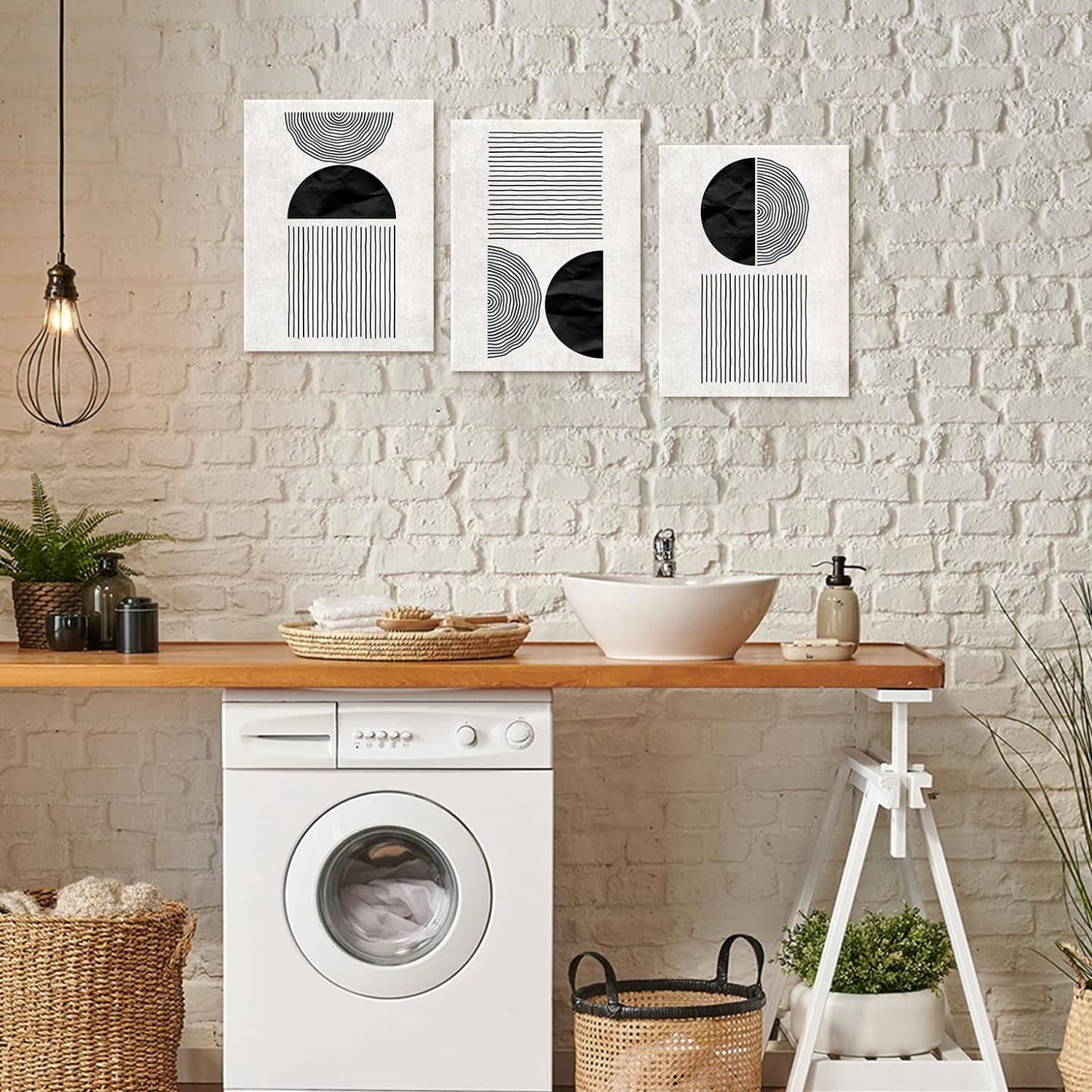 Black and White Wall Art Canvas Set Mid Century Boho Pictures Modern Geometric Lines Half Circles Wall Decor Minimalist Bohemian Abstract Painting for Living Room Bedroom Office 12"x16"x3Pc