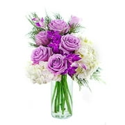 KaBloom Holiday Collection: Silent Night Bouquet of Purple Roses, White Hydrangeas, Purple Orchids and Seasonal Greens with Vase
