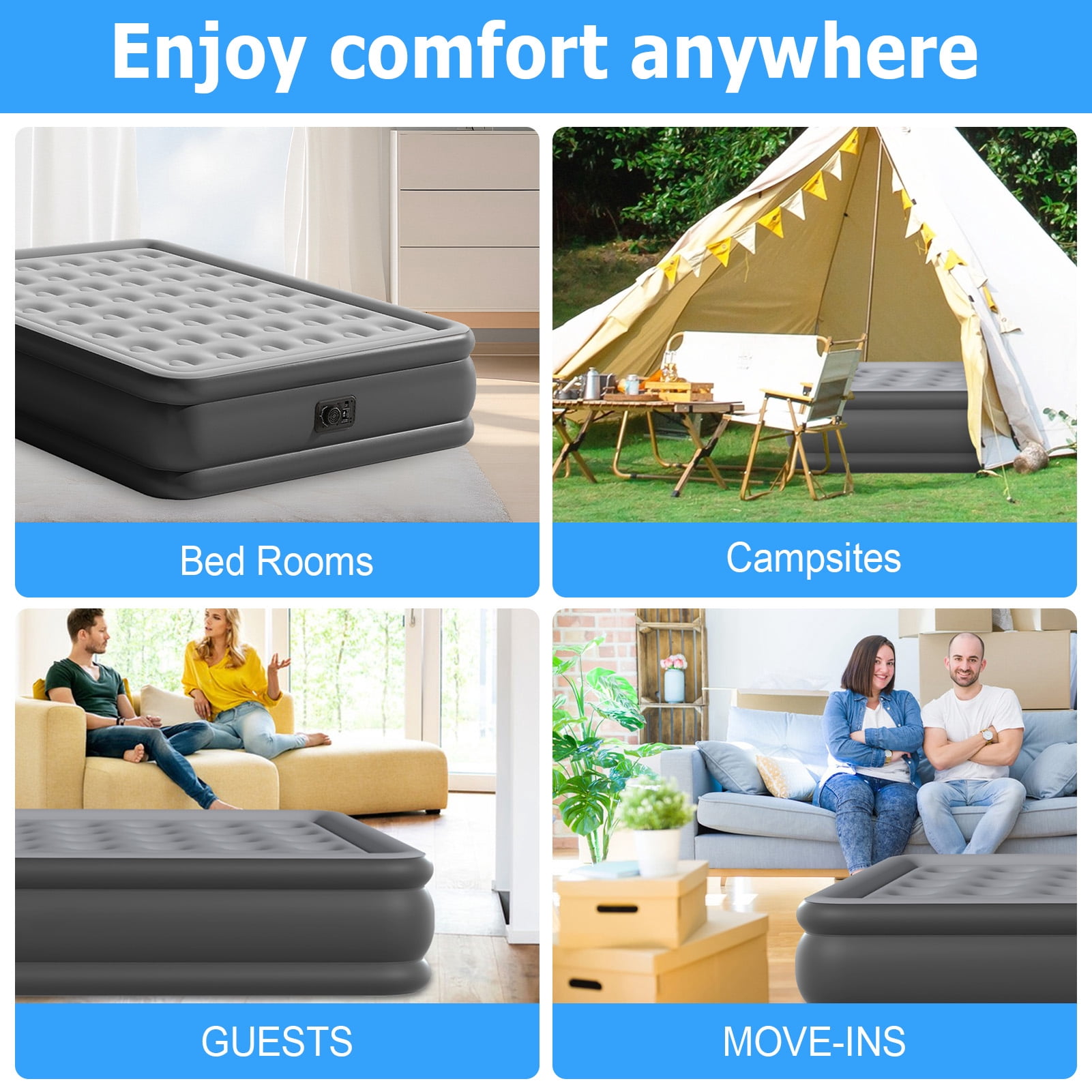 Full Air Mattress with Built-in Pump 18" Top Flocking,Raised Comfort,Fast Inflation/Deflation Foldable Portable Air Bed with Storage Bag for Home,Camping,Guests Gray