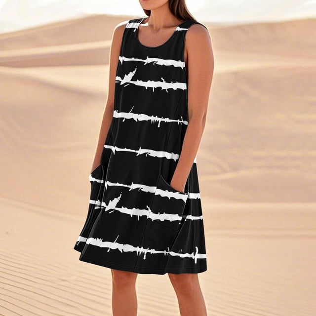 LVHAOGJOB Robes en Coton et Lin pour Femmes Été Longue Robe Midi avec Poches Col Rond Sans Manches Robe d'Été Mujeres Couleur Unie
