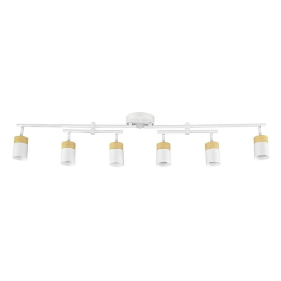 6-Light Matte White and Faux Wood Track Lighting with Double Center Swivel Bar and Pivoting Shades
