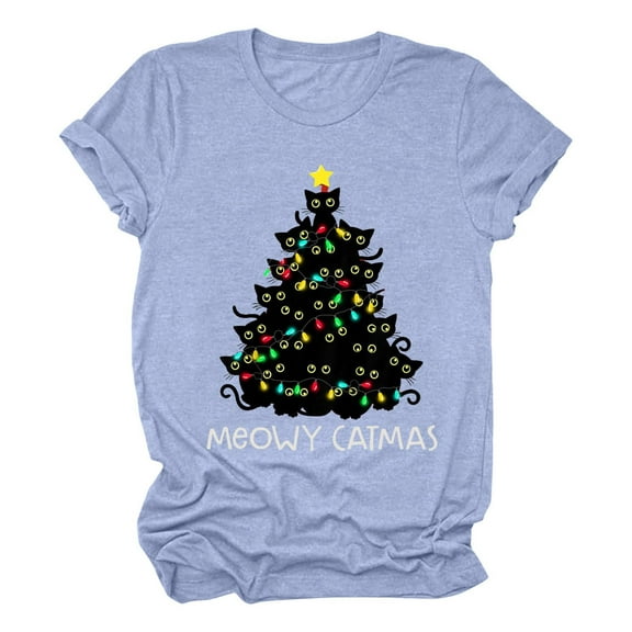 Womens Christmas T-Shirts Cat Funny Cute Meowy Letter Print Tee Casual Cat Lovers Short Sleeve Holiday T Shirts