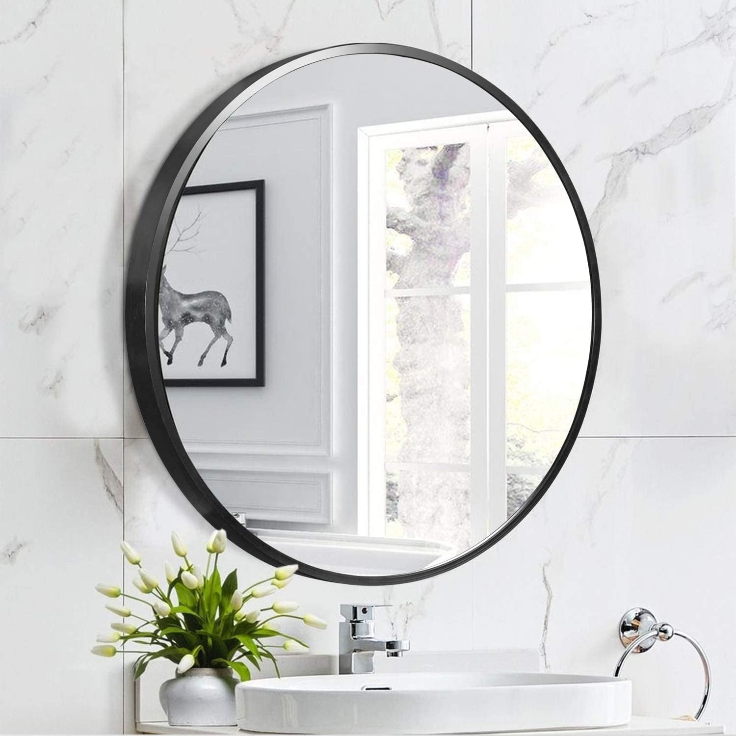 NeuType 28" Round Wall Mirror Modern Aluminum Alloy Mirror for Bedroom