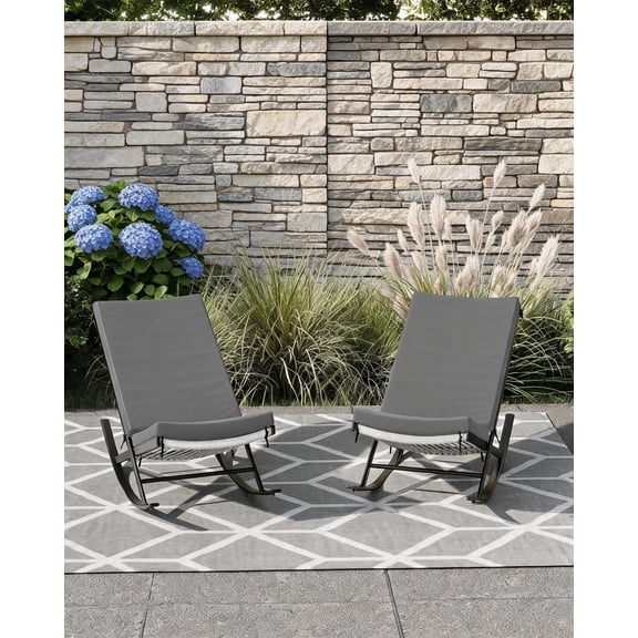 Set of 2 Outdoor Rocking Chairs, Rattan Lounge Rocker Chair with Padded Cushion & Sturdy Metal Frame, Indoor Outdoor Leisure Rocking Chair for Front Porch Garden Backyard Patio Lawn