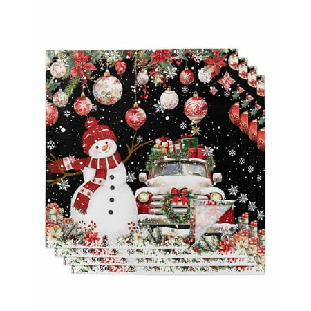 

Black Christmas Snowman Cloth Napkins Set of 4 Xmas Truck Poinsettia Flower Snowflake Washable Reusable Dinner Cocktail Napkin for Kitchen Party Wedding Banquet Holiday Baby Shower Table Decor