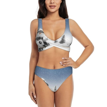 Zeuib Snowman And Christmas Tree High Waisted Tummy Control Bikini Set - Knot Front Push Up Top & Cheeky Thong Bottom  Two-Piece Swimsuit for Women-X-Large