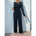 thumbnail image 6 of Women'S Lace Patchwork Round Neck Long Sleeve Formal Jumpsuit Solid Color Casual One-Piece Pants Navy Blue XL, 6 of 9