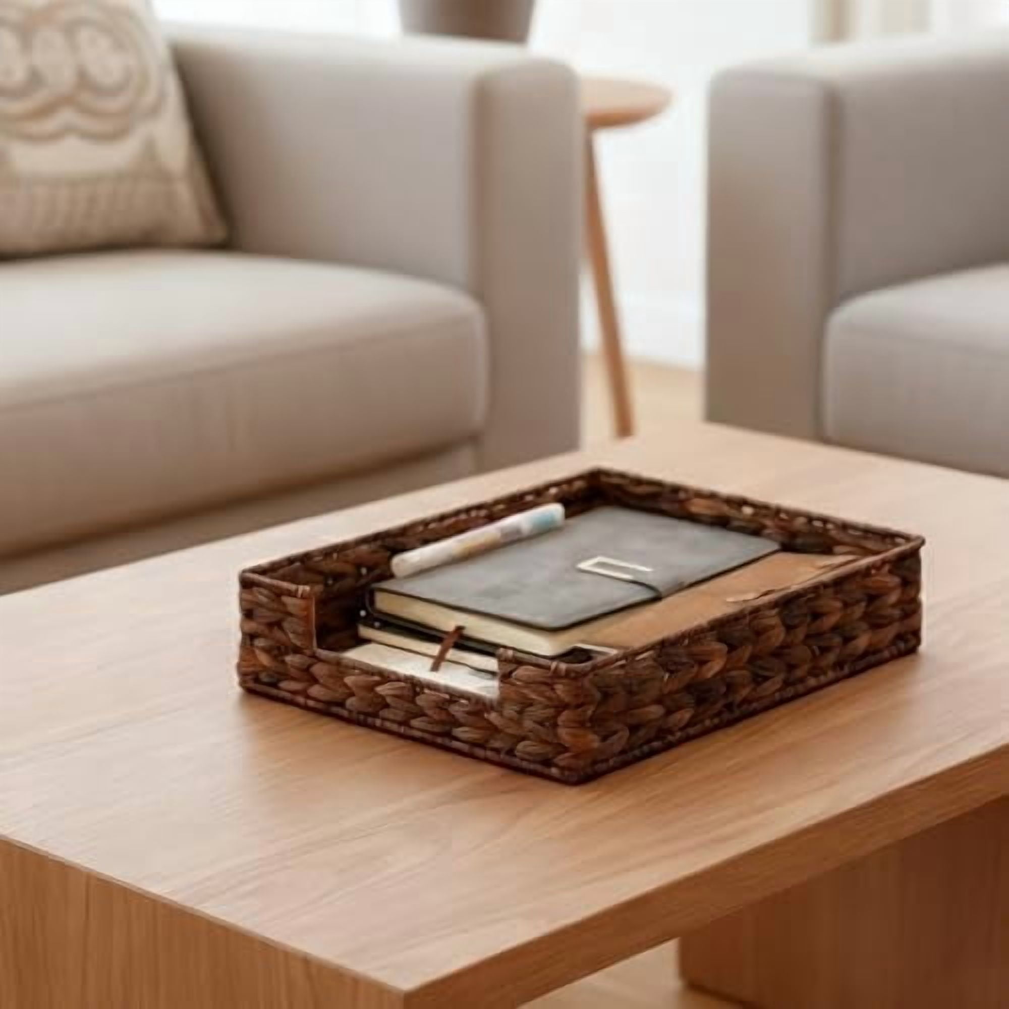 Water Hyacinth Letter Tray for A4 File Desk Mail Letter-Size Paper, Basket Woven Organizer, Magazine Files Storage, Office Document Organizer and Storage, Coffee