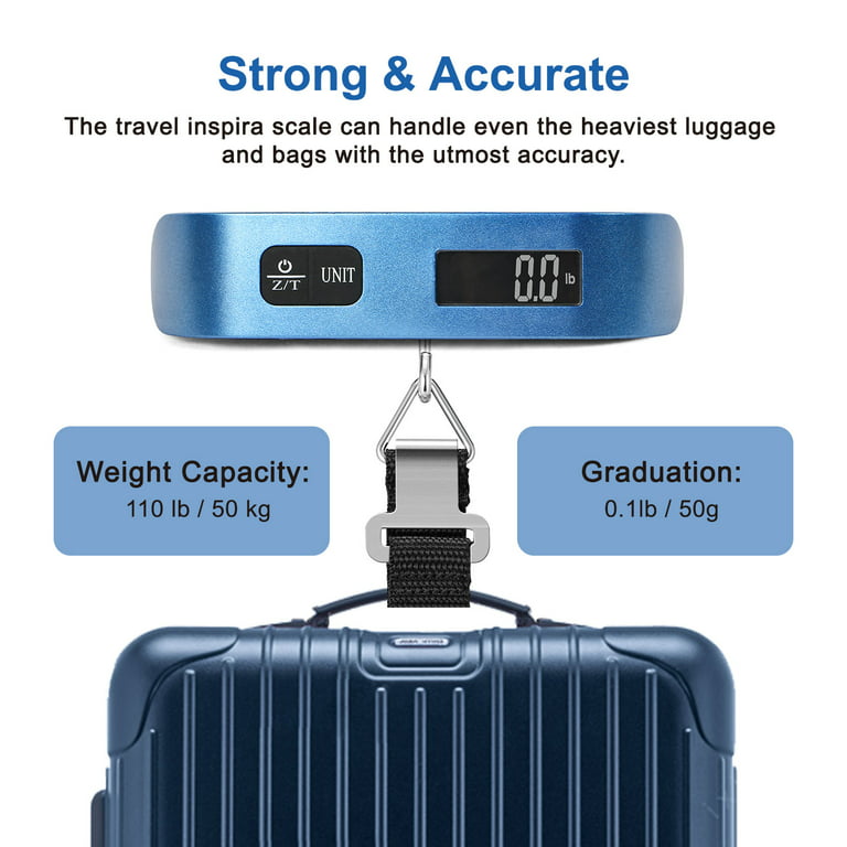 Travel Inspira Luggage Scale, Portable Digital Hanging Baggage Scale for Travel, Suitcase Weight Scale with Rubber Paint, 110 Pounds, Battery TIEL01BL