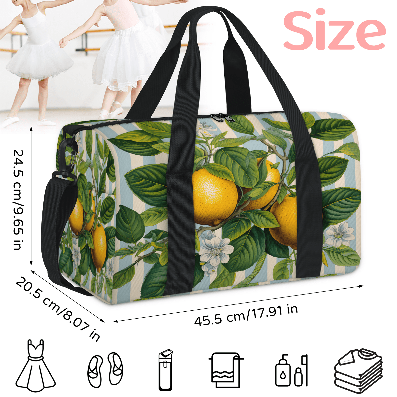 Herdesigns Lemon Fruit Flowers Gym Bag for Women, Duffle Bag for Travel Sport, Lightweight Waterproof Carry on Weekender Overnight Dance Yoga Workout Bags