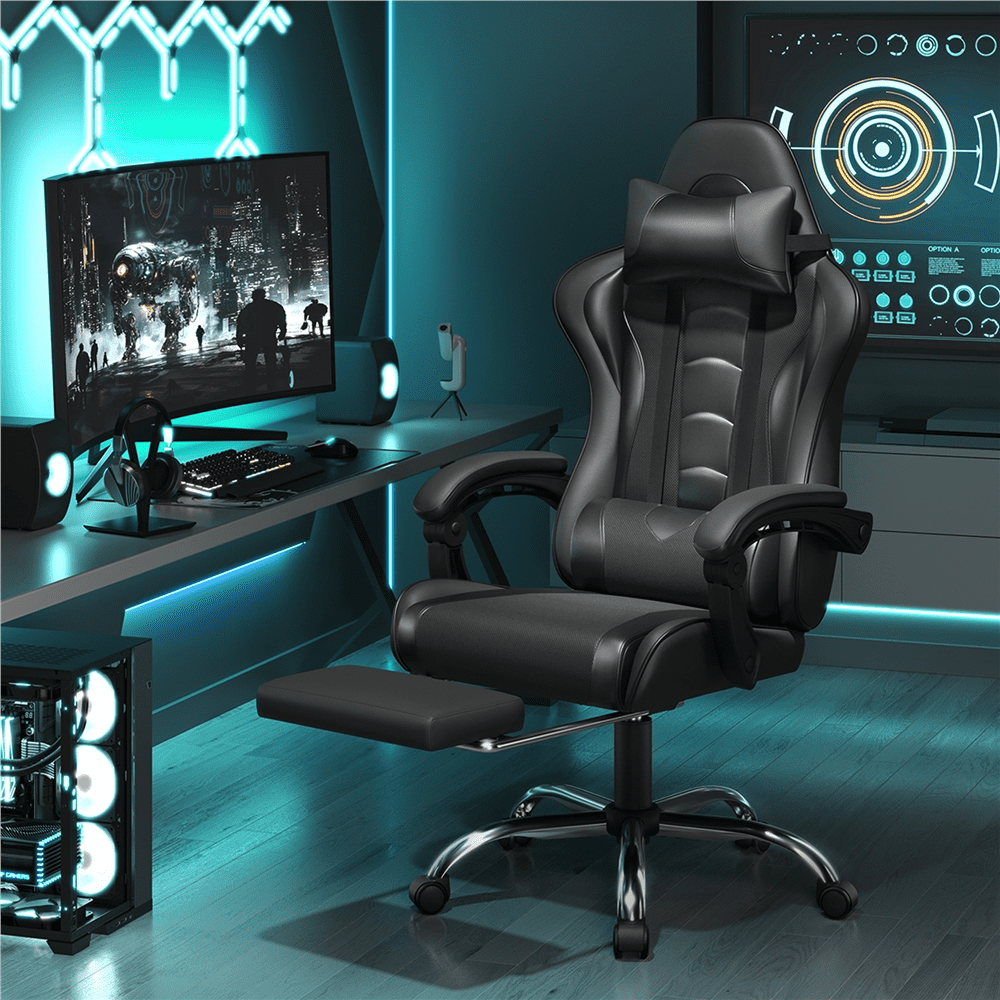 Alden Design Ergonomic High Back Gaming Chair with Massage Lumbar Pillow and Padded Armrests, Full Black