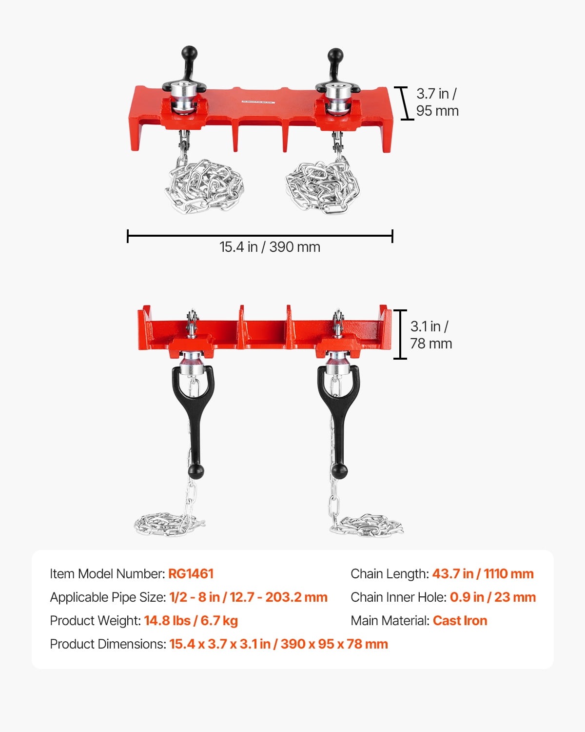 VEVOR Pipe Welding Vise, 1/2" to 8" Pipe Welding Clamp with Dual Chains & Crank Handles, Heavy-Duty Cast Iron Welding Vise for a Variety of Pipes