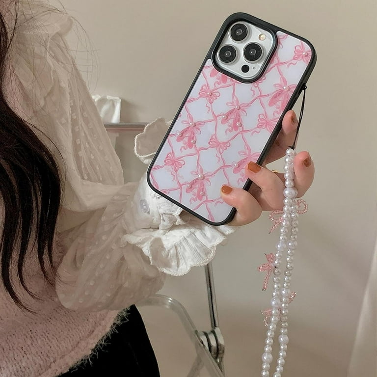 Pink Bow Ribbon Phone Case for iPhone 15 Pro Max with Pearl Beade