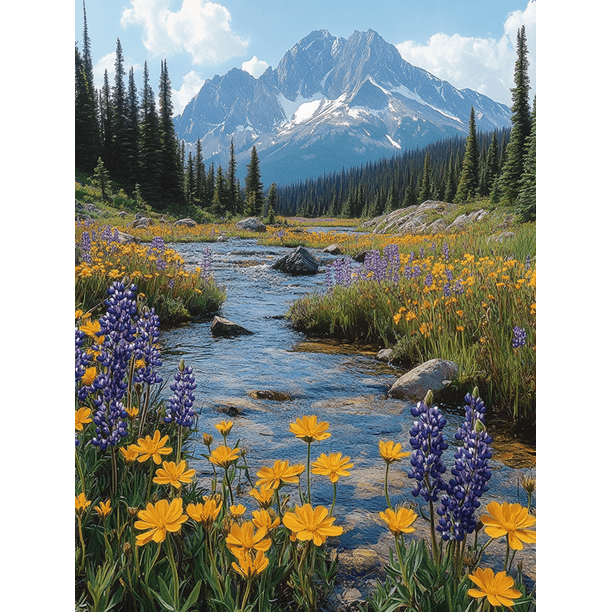Qisvanset Framed Canvas Wall Art 12x16 Inch Snowy Peak Mountain Lake Wildflower Scenic Art