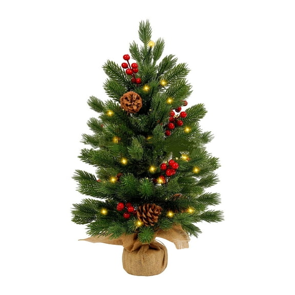 Small Artificial Christmas Tree Pre-Lit - Mini Tabletop Xmas Tree with Warm White Lights, Battery Operated, for Home Office Desk Holiday Decor and Gifts, 17.7in
