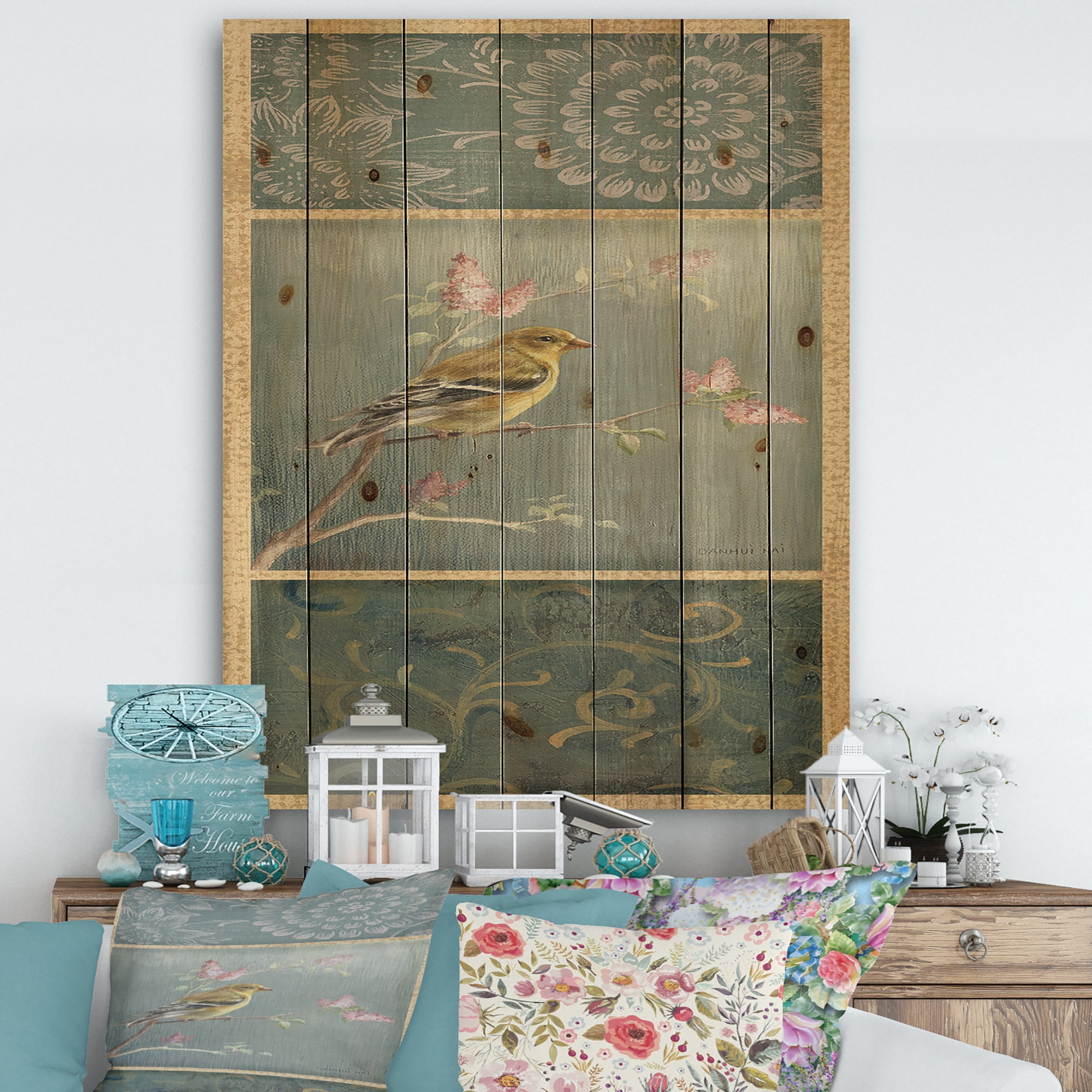 Designart 'Farmhouse Triptych of Blue Ornaments And Chickadee Goldfinch' Farmhouse Print on Natural Pine Wood