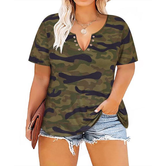 TIYOMI Plus Size Shirts For Women 3x Green Camo Deep V Neck Eyelet Summer Short Sleeve Sexy Shirts Concert Tee 3XL 22W 24W