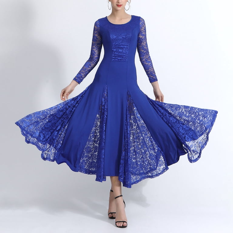 blue dress waltz YONGHS Women Ballroom Dance Competition Swing Dresses Lace Patchwork Tango Modern Dance Royal M Ballroom dance dress