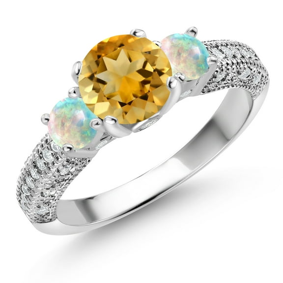 Gem Stone King 925 Sterling Silver Yellow Citrine White Opal and White Moissanite Engagement Ring for Women (1.88 Cttw, Gemstone November Birthstone, Round 7MM and 4MM, Size 7)