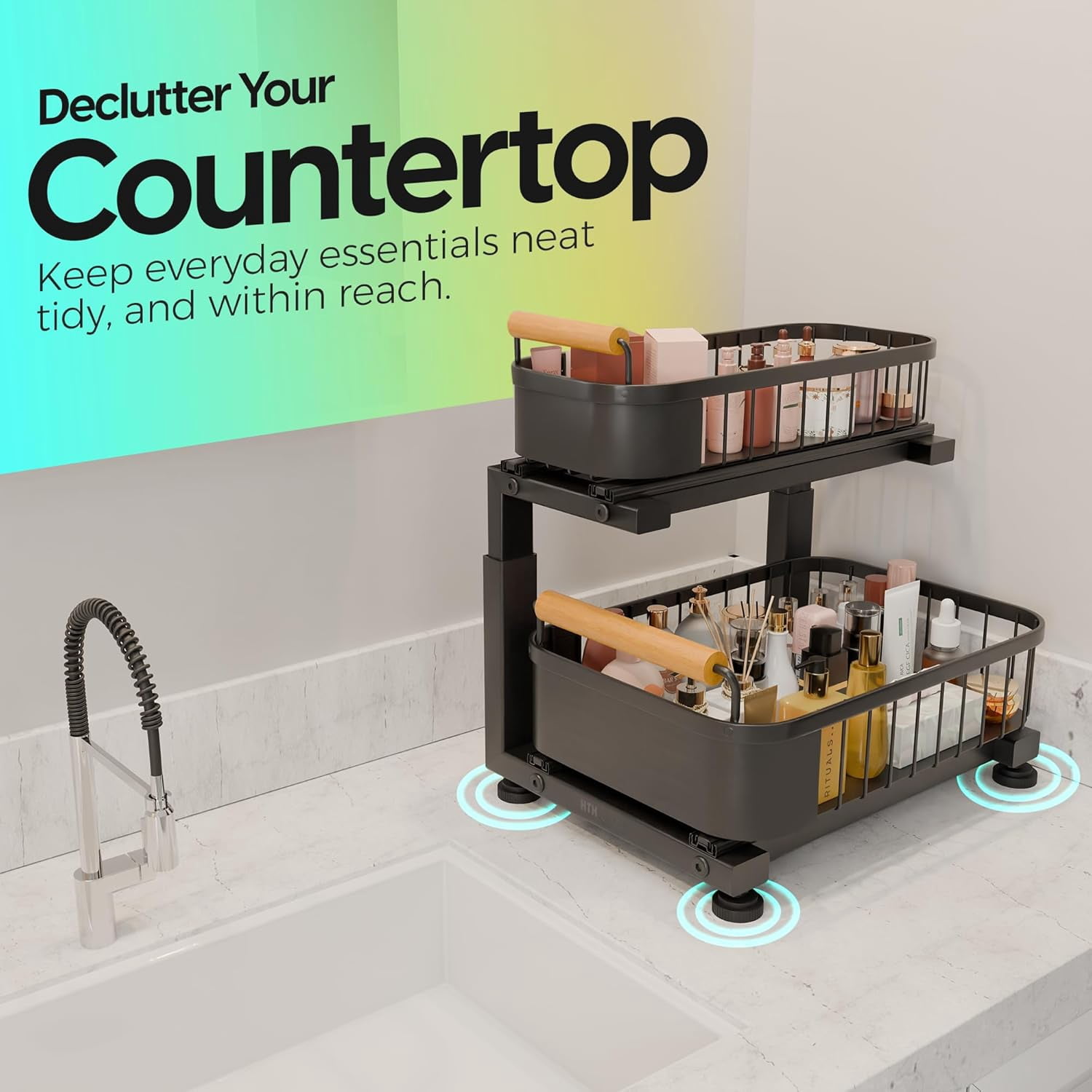 Premium Heavy Duty Carbon Steel Under Sink Organizer, Large 2 Tier Pull Out Cabinet Organizer with 7 Adjustable Heights and Smooth Ball Bearing Sliding Baskets for Bathroom & Kitchen Storage