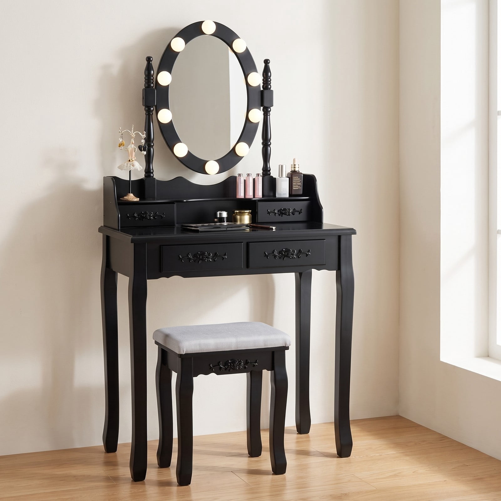 Furnibear Makeup Dressing Table with Touch Switch Lighted Mirror and Cushioned Stool, Vanity Desk with 4 Drawers and 10 LED Bulbs, Black