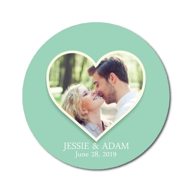 Darling Souvenir Round 45 Pcs Heart Custom Photo Labels Save The Date Stickers Personalized Bride Groom Names And Date Envelope Seals - Mint