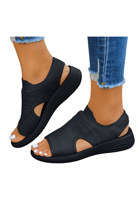 Womens Orthopedic Arch Support Walking Sandals Comfortable Stretchy Mesh Slip on Sock Memory Foam Driving Nursing Beach Summer Shoes for Plantar Fasciitis Black Size 7.5