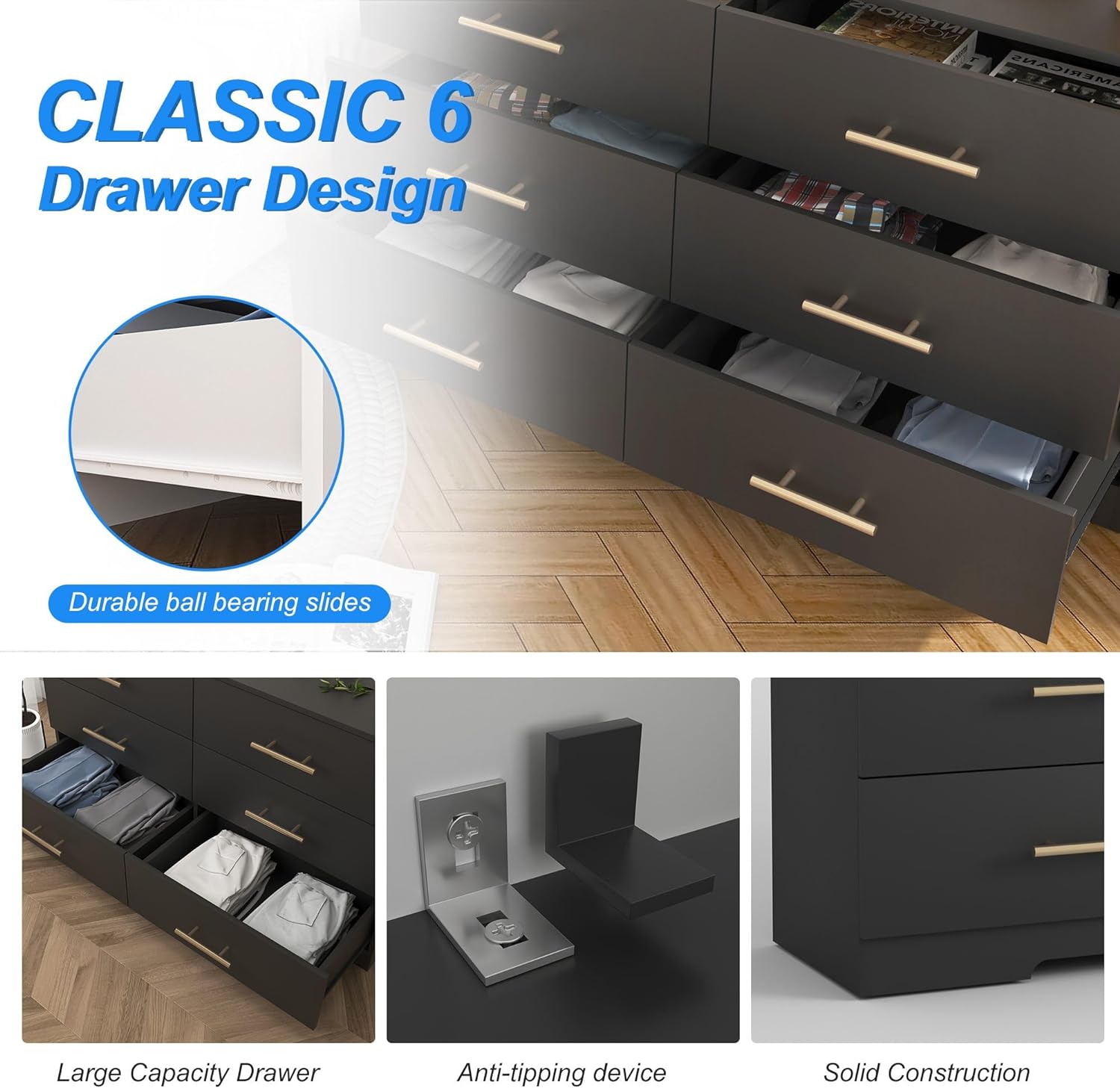 Miniyam 6-Drawer Dresser with Deep Drawers & Golden Handles for Adult Bedroom, Black